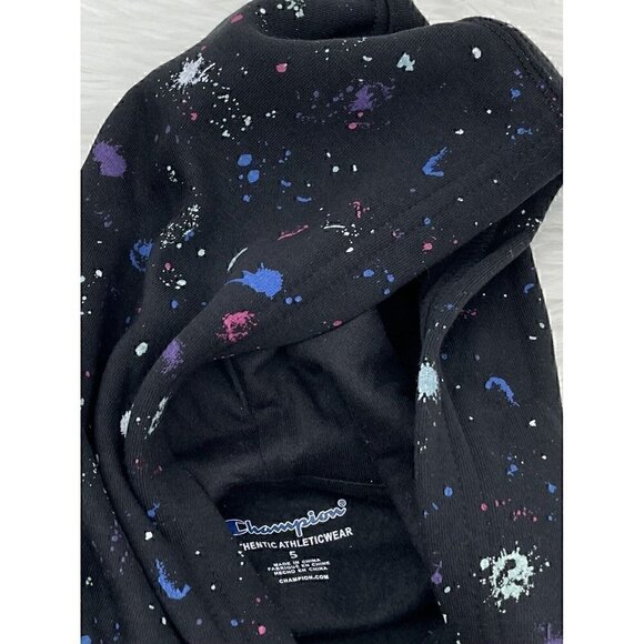NEW Champion Girls Script Logo Size 5 Sweatshirt Hoodie Splatter Pattern Black - Picture 2 of 9